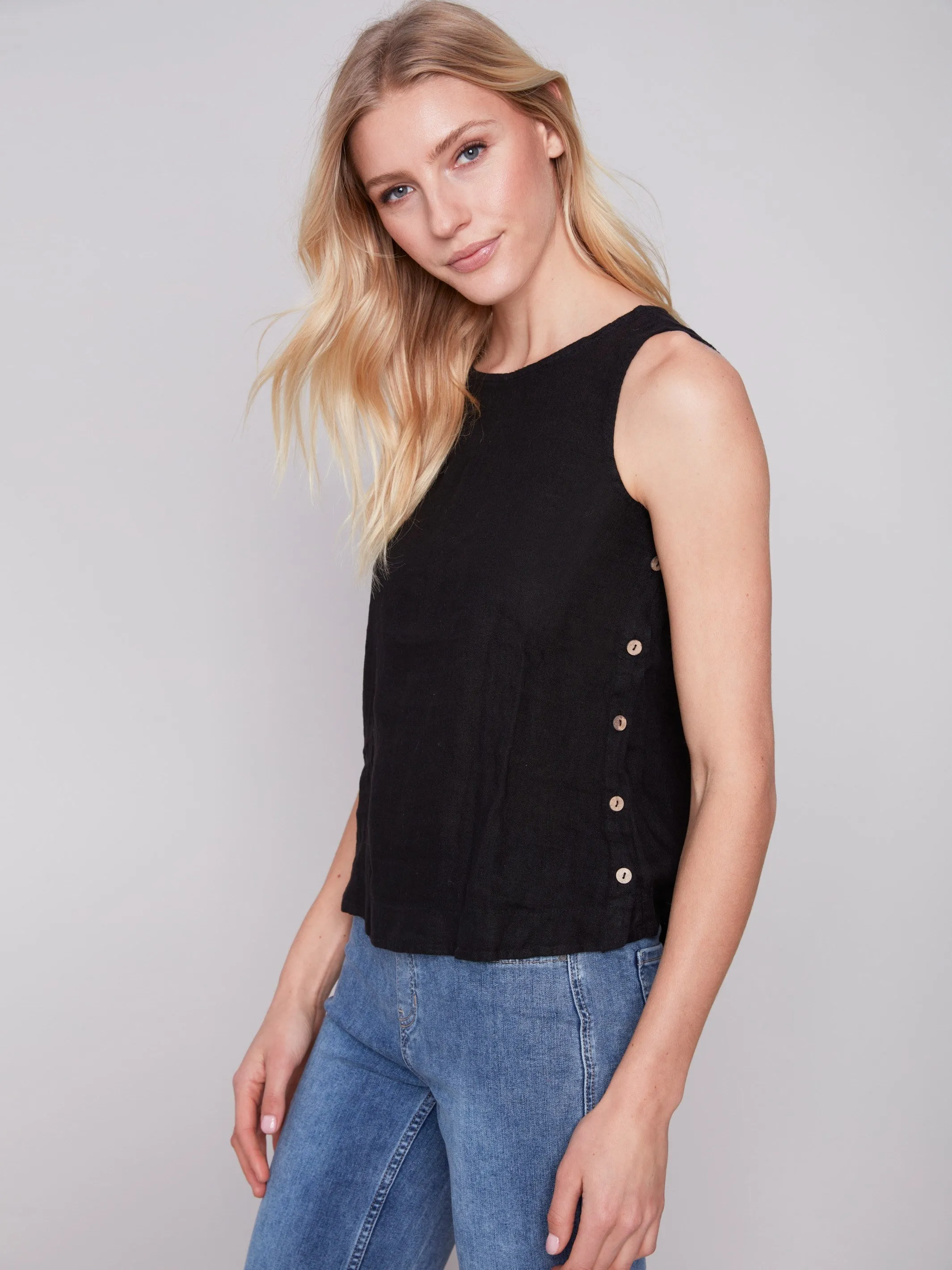 Sleeveless Linen Top with Side Buttons - Black