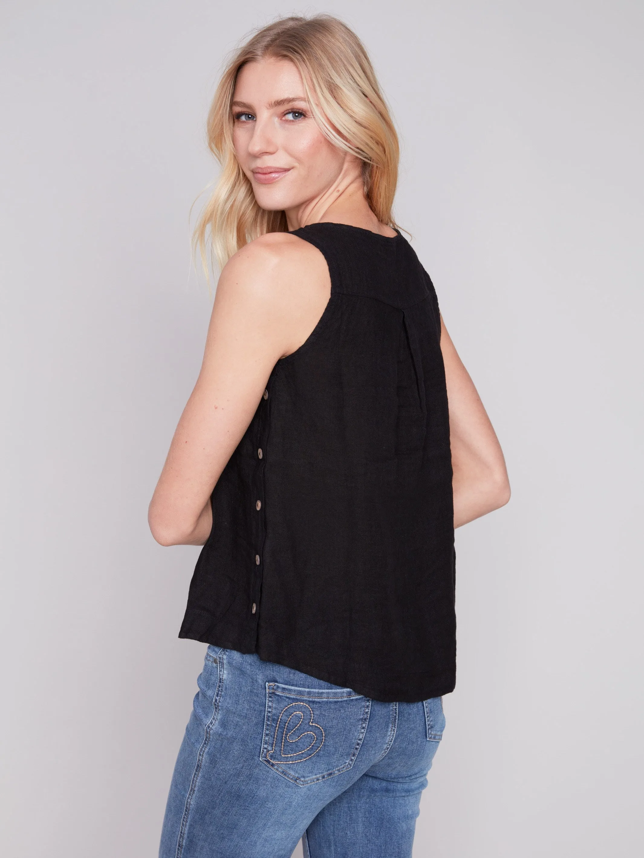 Sleeveless Linen Top with Side Buttons - Black