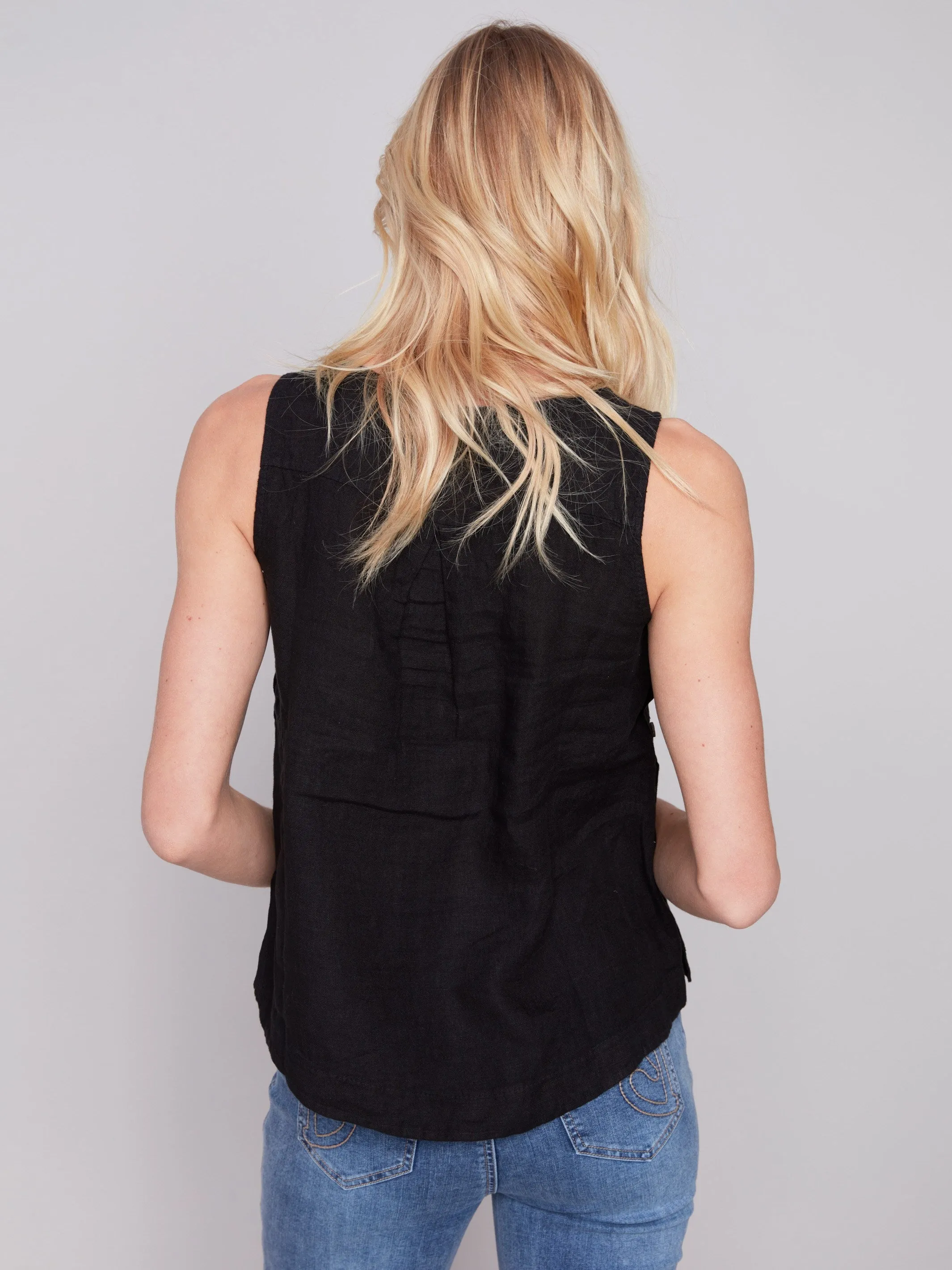 Sleeveless Linen Top with Side Buttons - Black