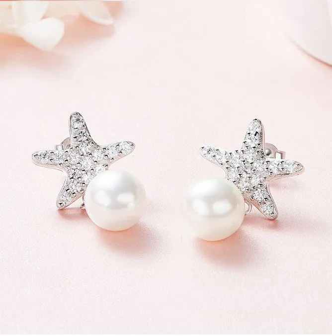 Sterling silver cute shining star with a pearl earring