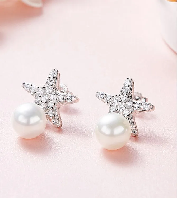 Sterling silver cute shining star with a pearl earring