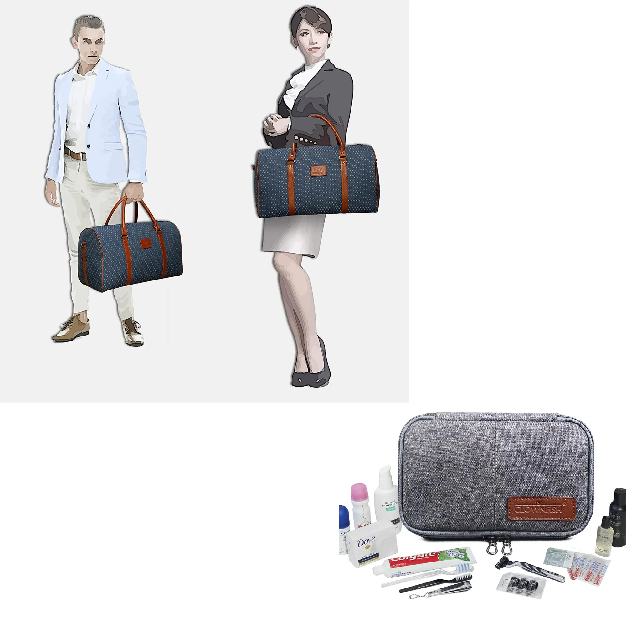 The Clownfish Combo of Tapestry Fabric 30 litre Travel Duffle (Blue) & The Clownfish Travel Pouch Toiletry Bag (Grey)