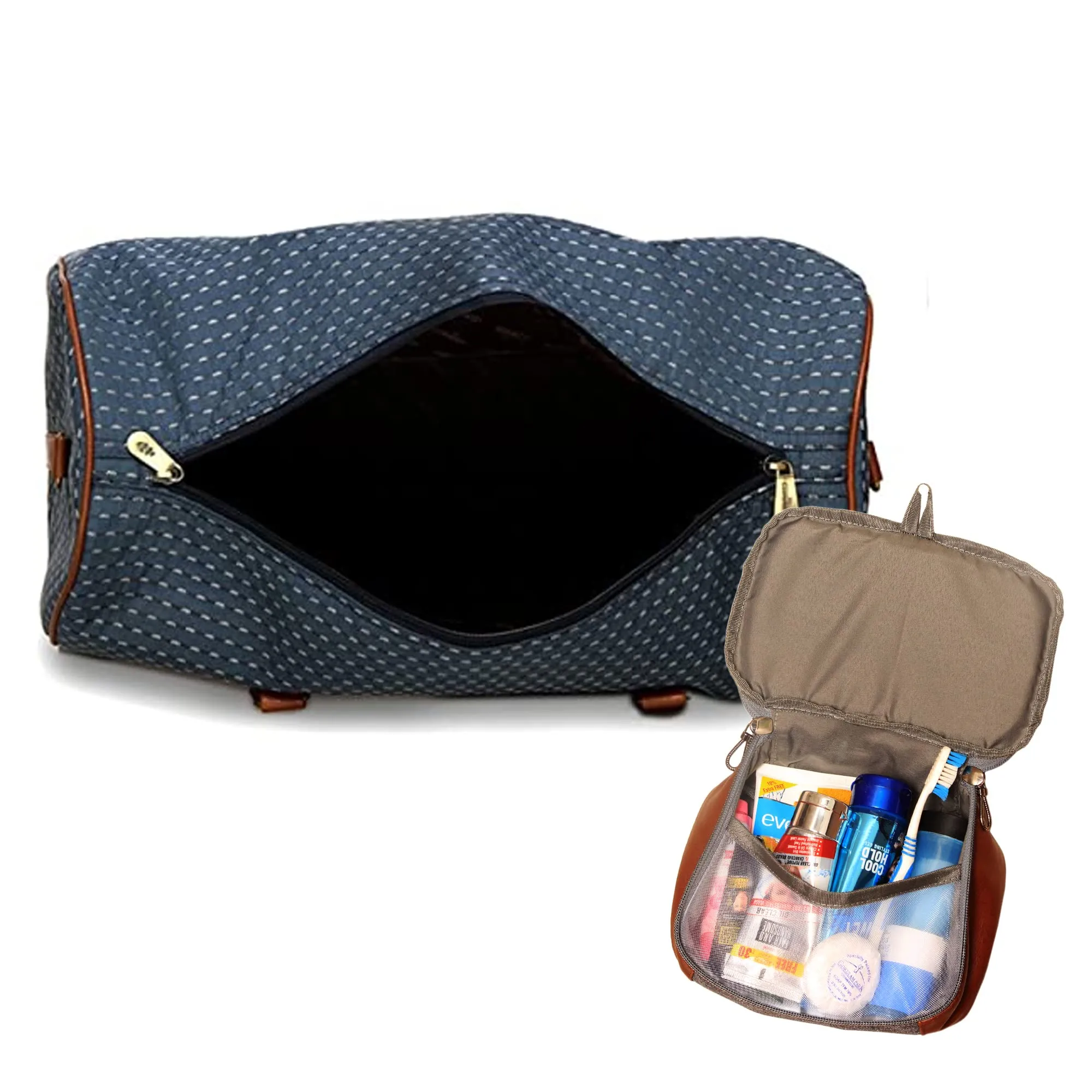 The Clownfish Combo of Tapestry Fabric 30 litre Travel Duffle (Blue) & The Clownfish Travel Pouch Toiletry Bag (Grey)