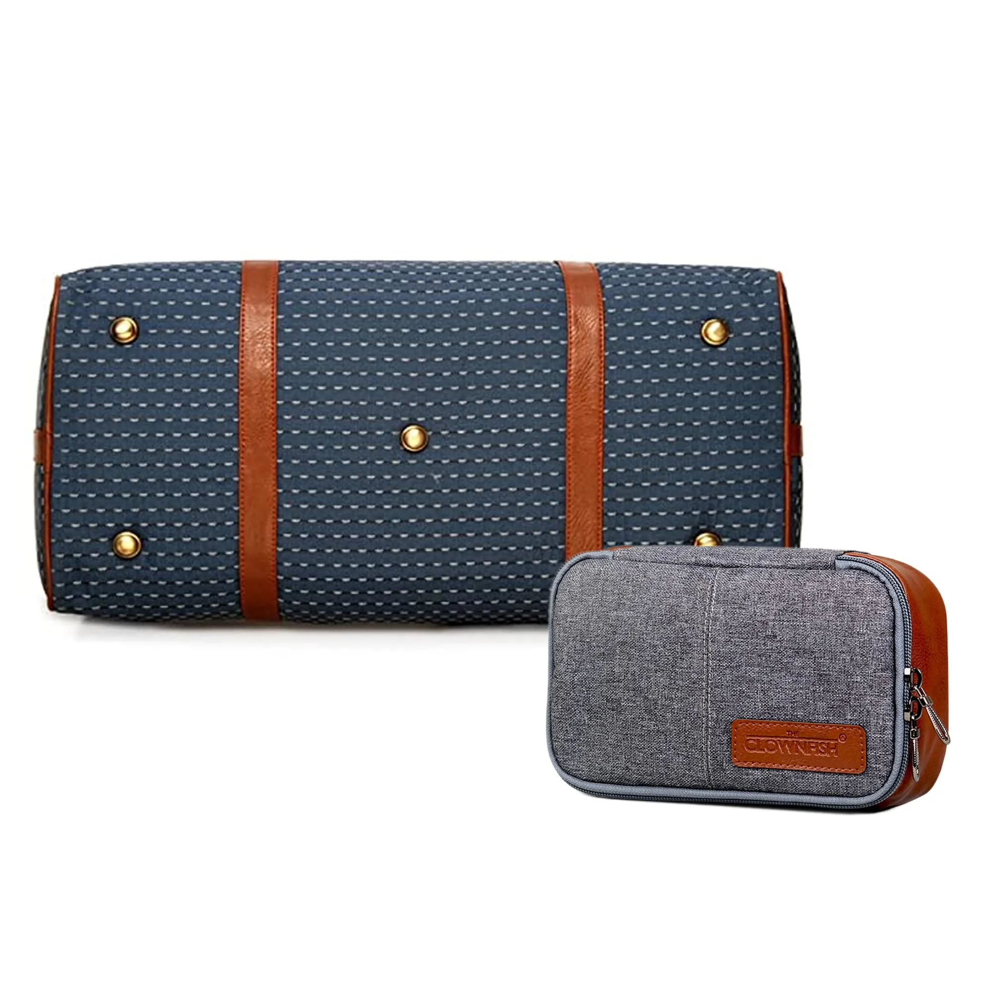 The Clownfish Combo of Tapestry Fabric 30 litre Travel Duffle (Blue) & The Clownfish Travel Pouch Toiletry Bag (Grey)