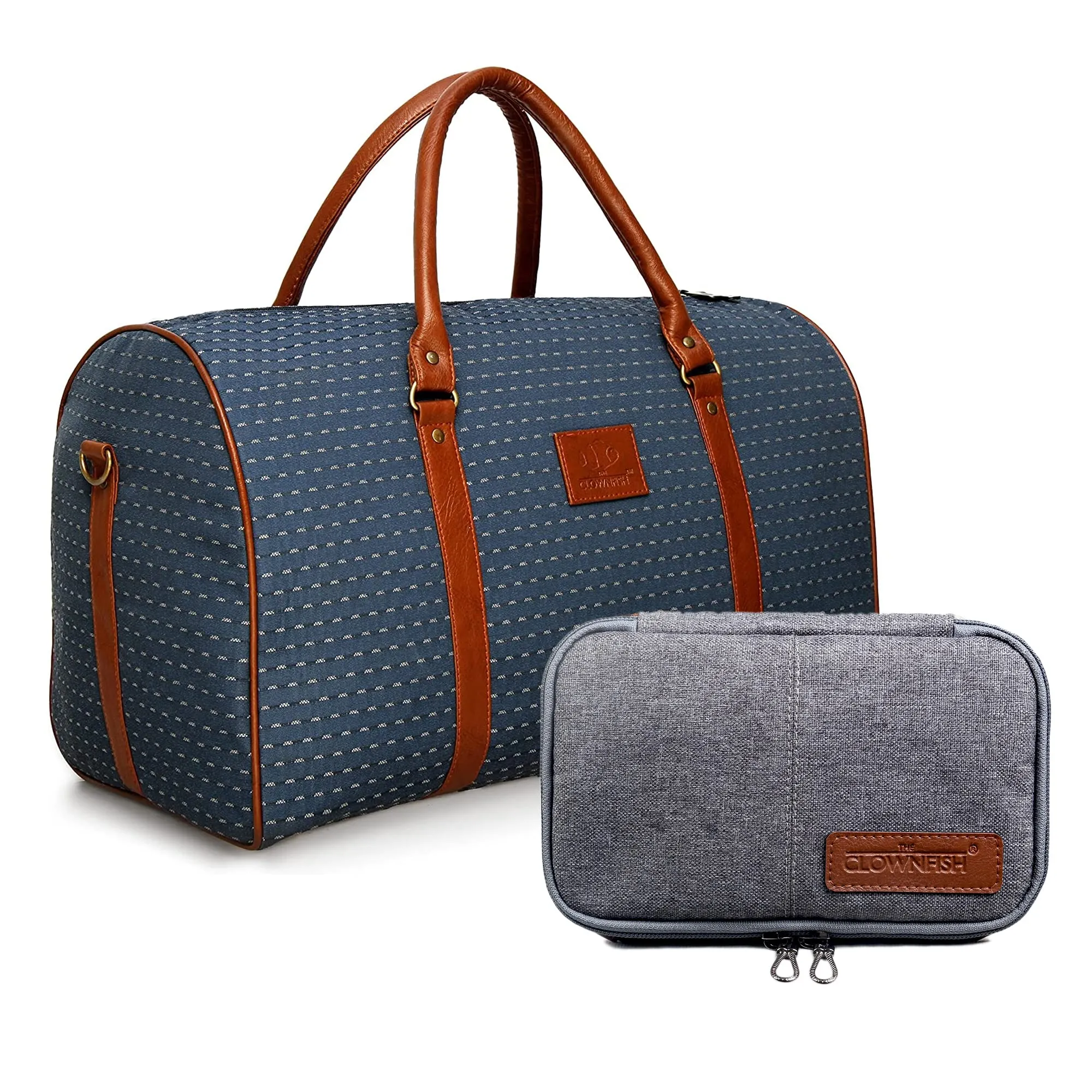 The Clownfish Combo of Tapestry Fabric 30 litre Travel Duffle (Blue) & The Clownfish Travel Pouch Toiletry Bag (Grey)