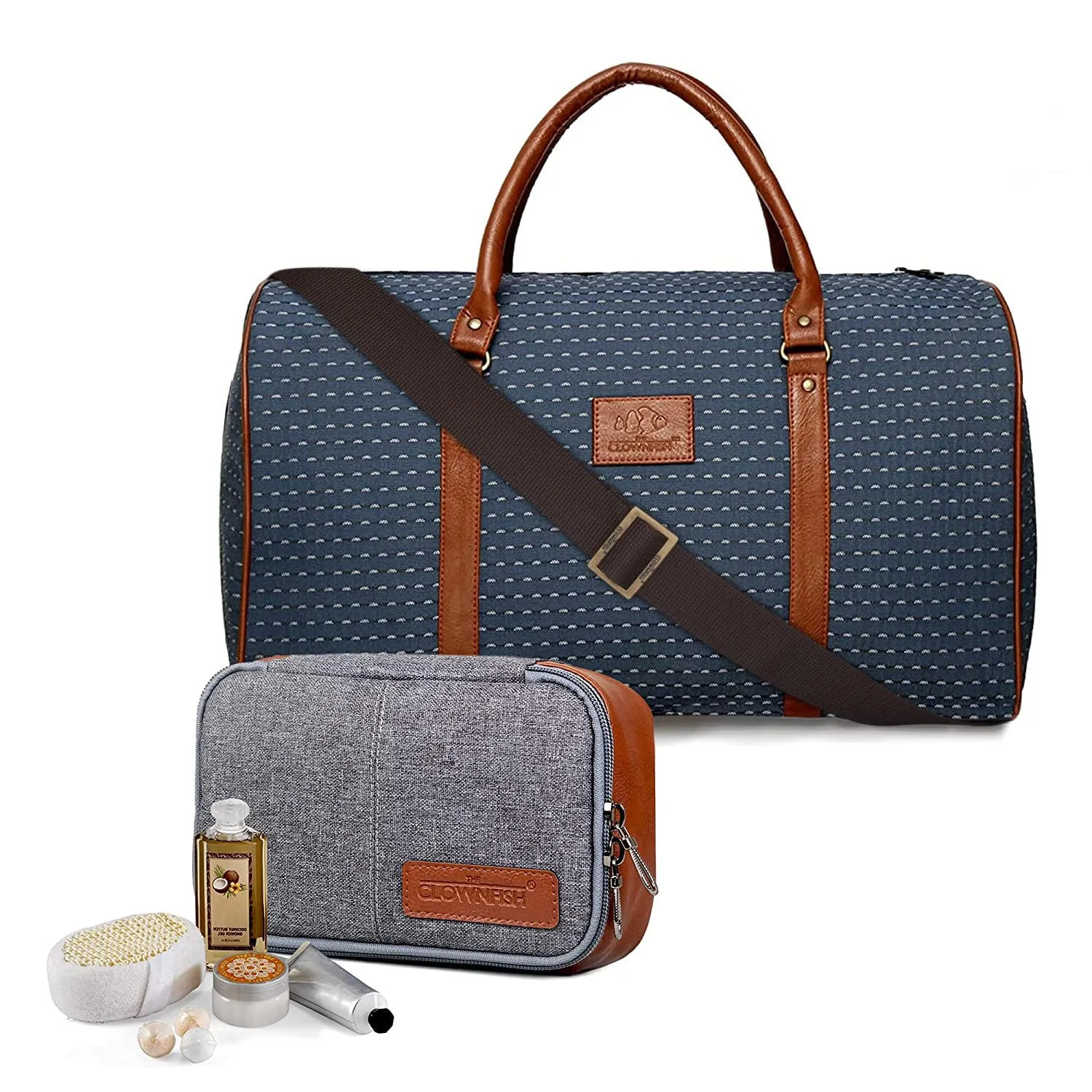 The Clownfish Combo of Tapestry Fabric 30 litre Travel Duffle (Blue) & The Clownfish Travel Pouch Toiletry Bag (Grey)