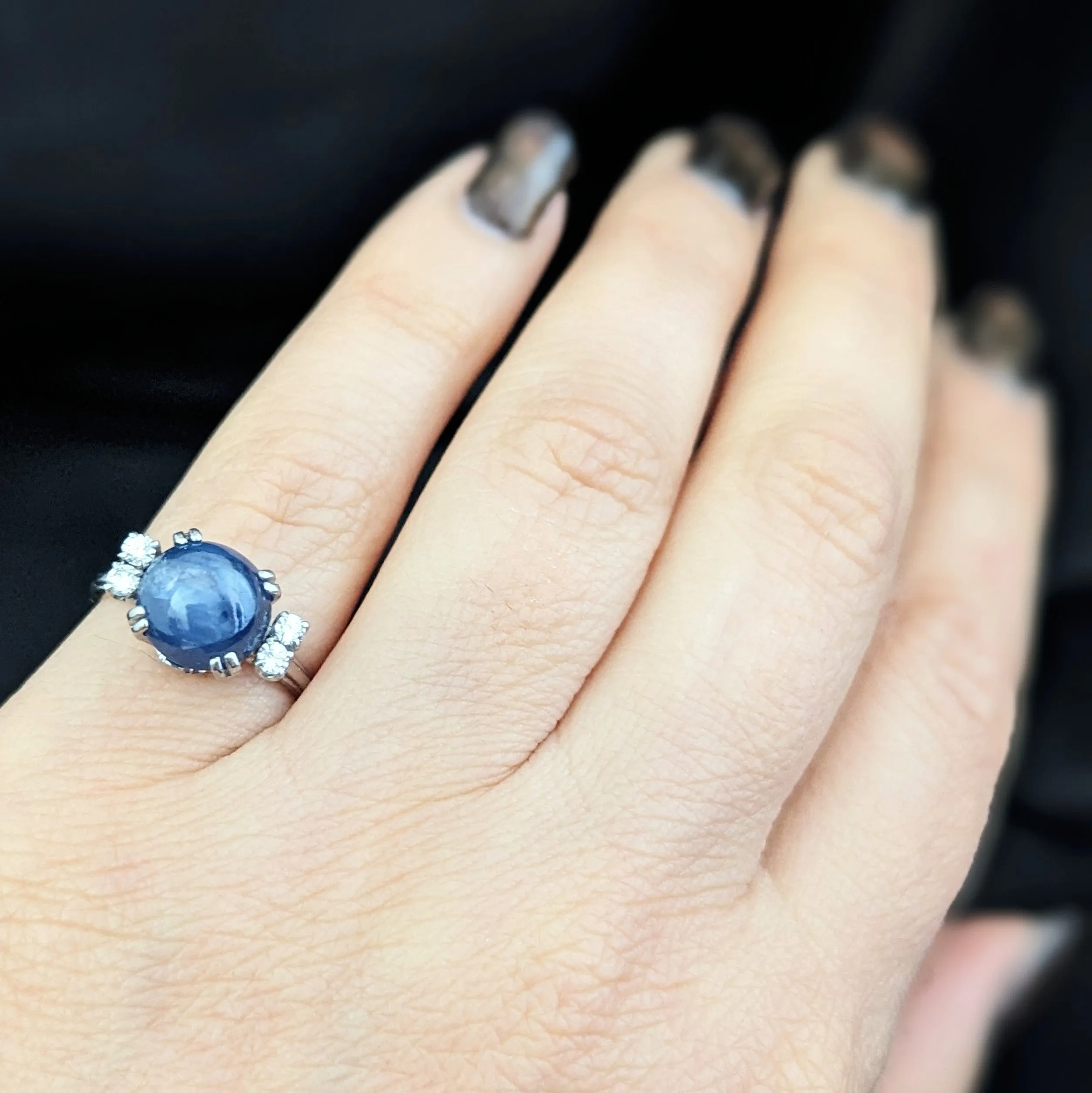 The Meredith - 1950s GIA Unheated 6ct Star Sapphire Diamonds Palladium Ring