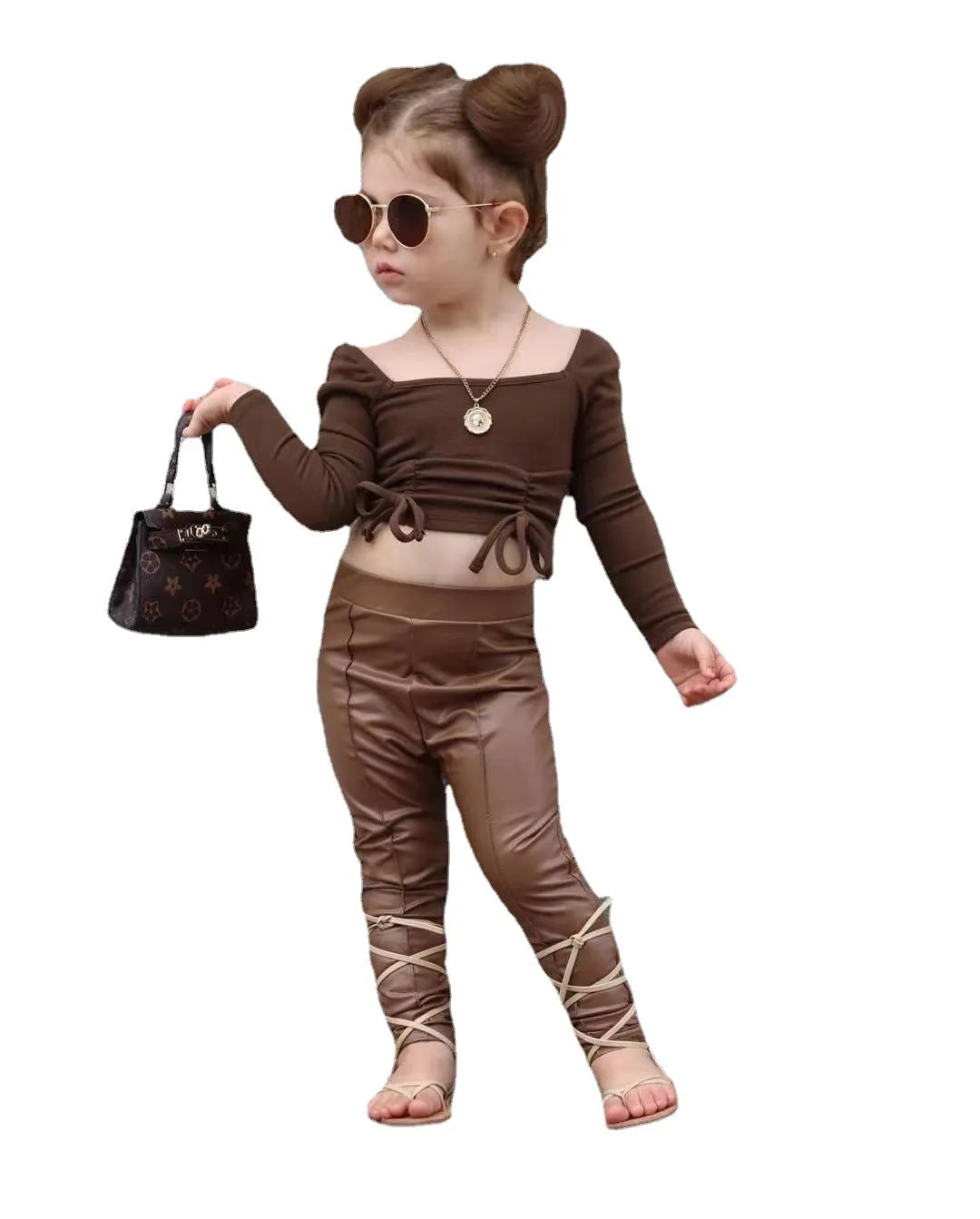 Toddler kid girls Solid color bow tie halter top PU leather pants set