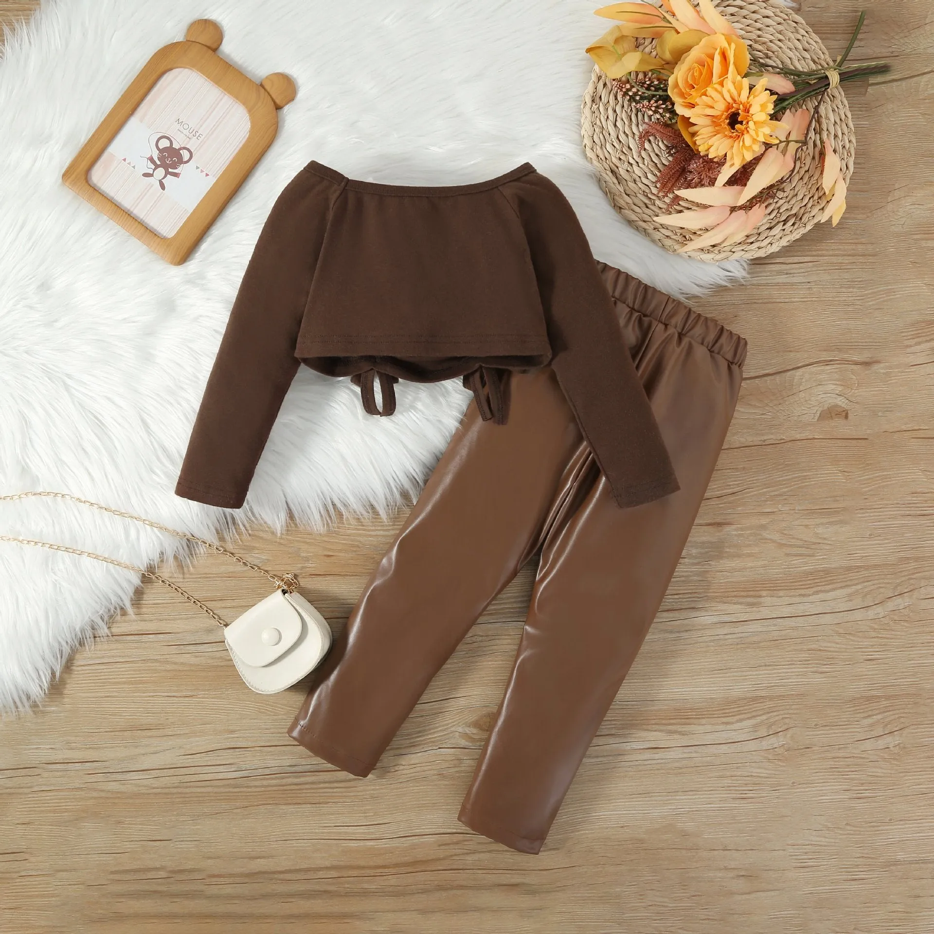 Toddler kid girls Solid color bow tie halter top PU leather pants set