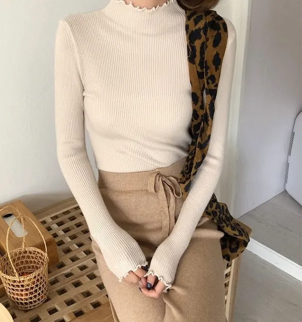 Turtleneck Ruched Women Sweater High Elastic Solid Knitted Pullovers