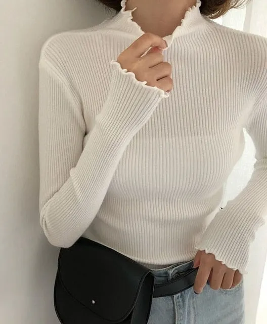 Turtleneck Ruched Women Sweater High Elastic Solid Knitted Pullovers