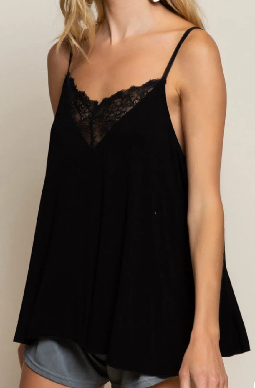 V-Neck Lace Tank Black