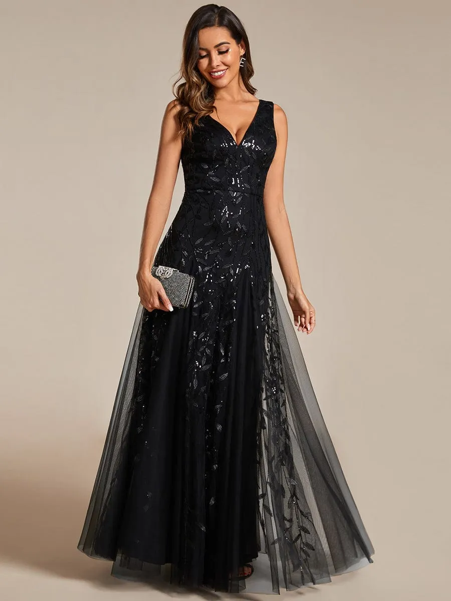 V-Neck Leaf Sequin Sleeveless A-Line Formal Evening Dress with Tulle