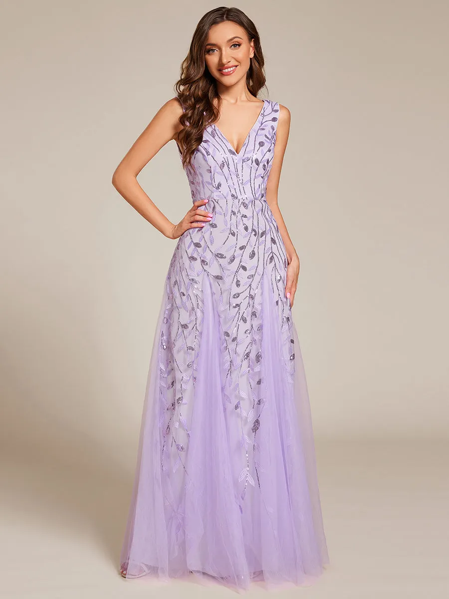 V-Neck Leaf Sequin Sleeveless A-Line Formal Evening Dress with Tulle