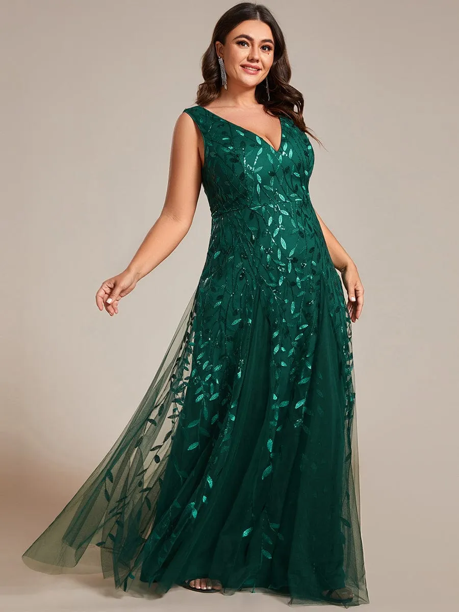 V-Neck Leaf Sequin Sleeveless A-Line Formal Evening Dress with Tulle