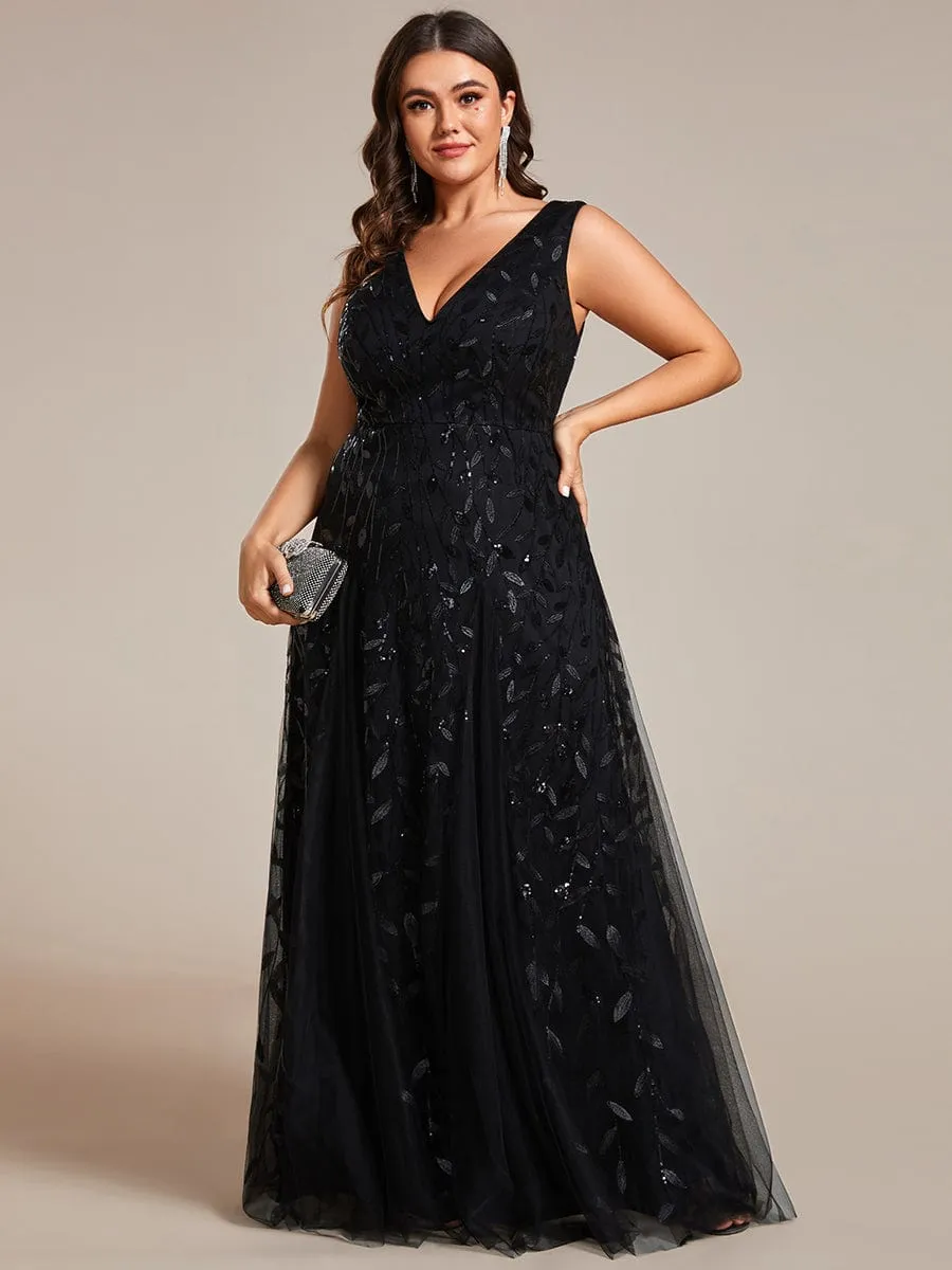 V-Neck Leaf Sequin Sleeveless A-Line Formal Evening Dress with Tulle