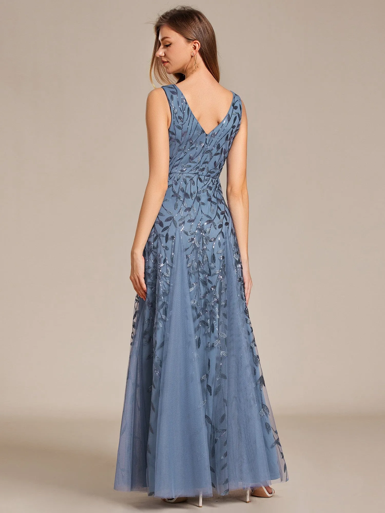 V-Neck Leaf Sequin Sleeveless A-Line Formal Evening Dress with Tulle