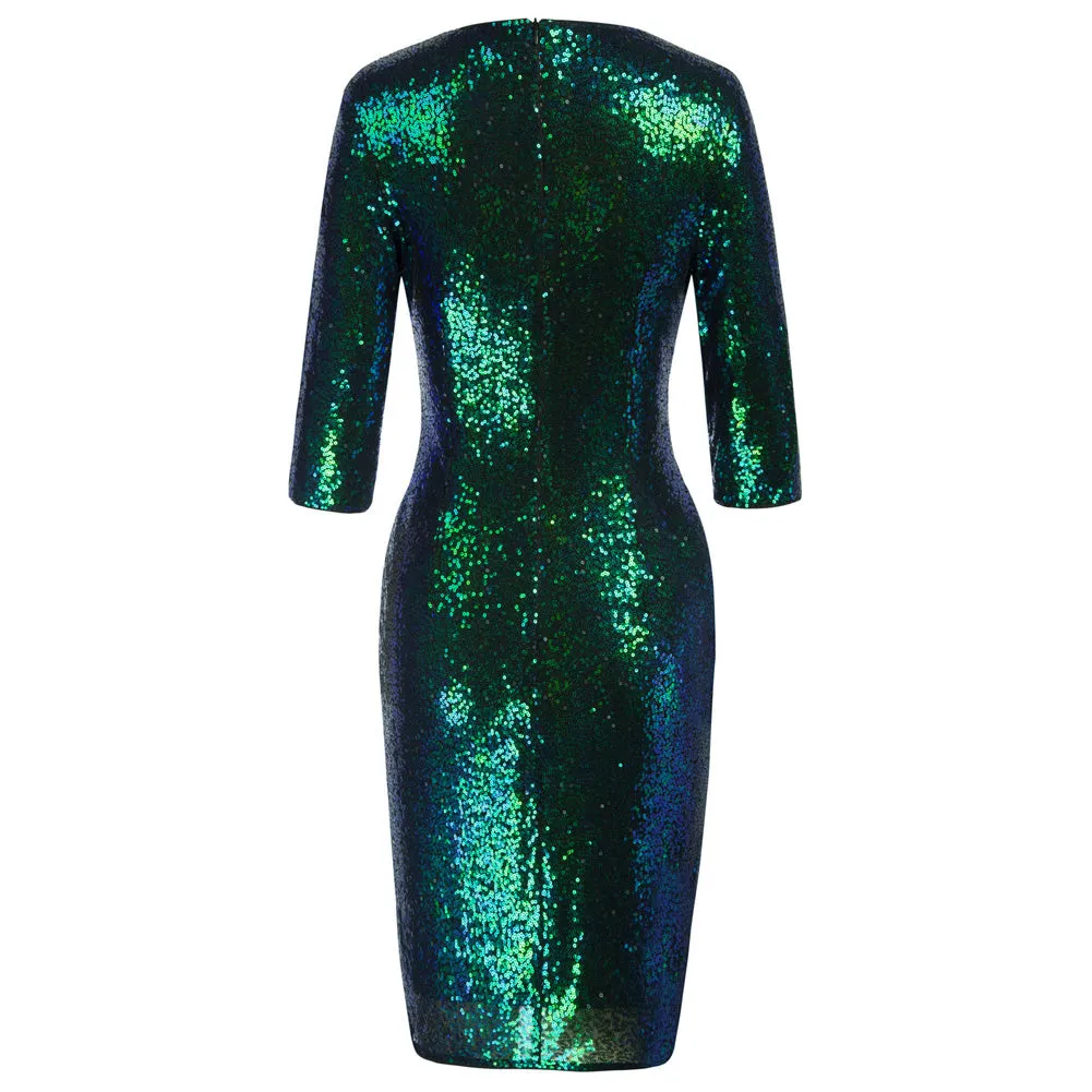 Vintage 50s Sequin Pencil Dress V Neck Glitter Dresses