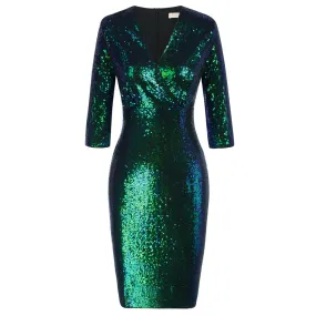 Vintage 50s Sequin Pencil Dress V Neck Glitter Dresses