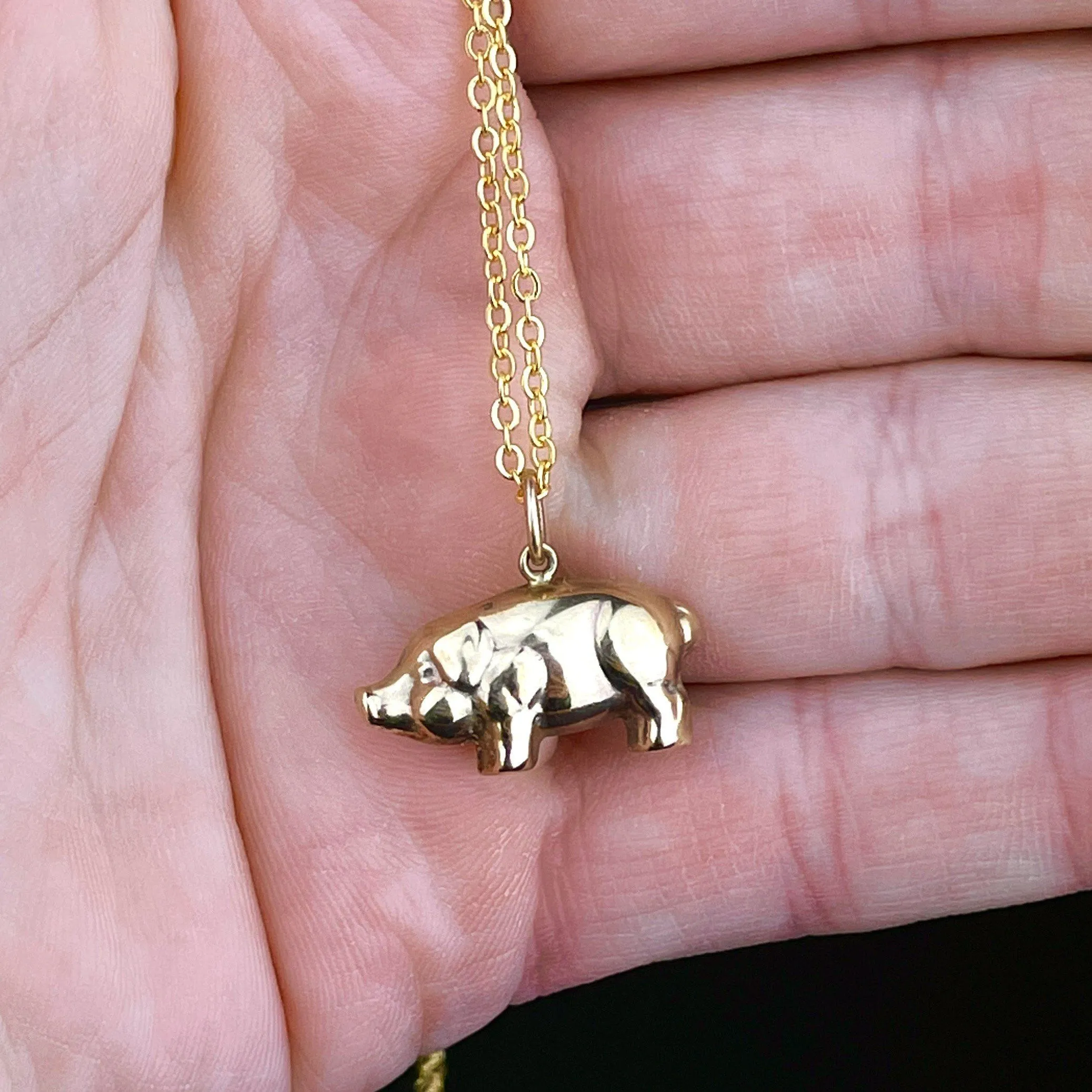 Vintage 9K Gold Puffy Pig Charm Pendant Necklace