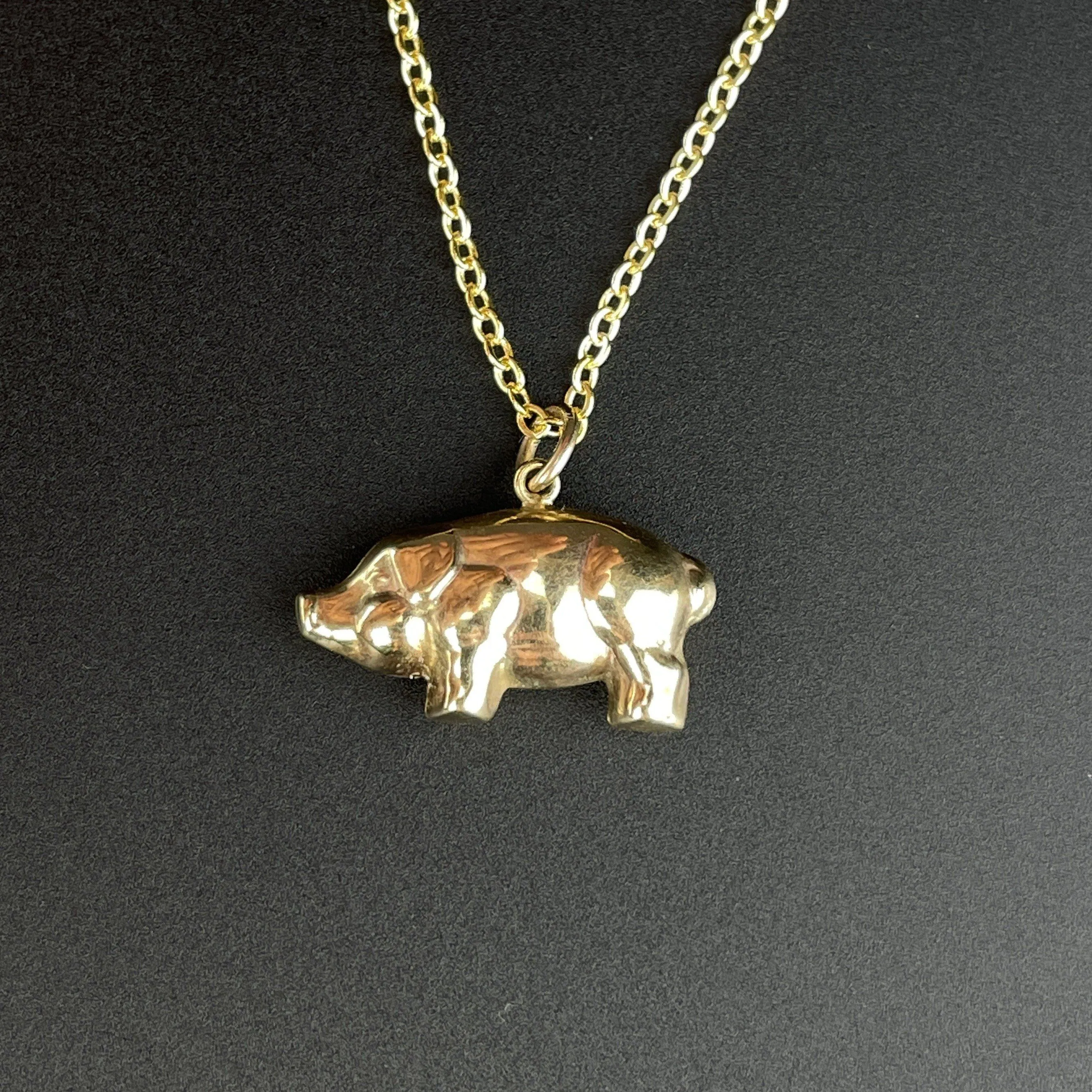 Vintage 9K Gold Puffy Pig Charm Pendant Necklace