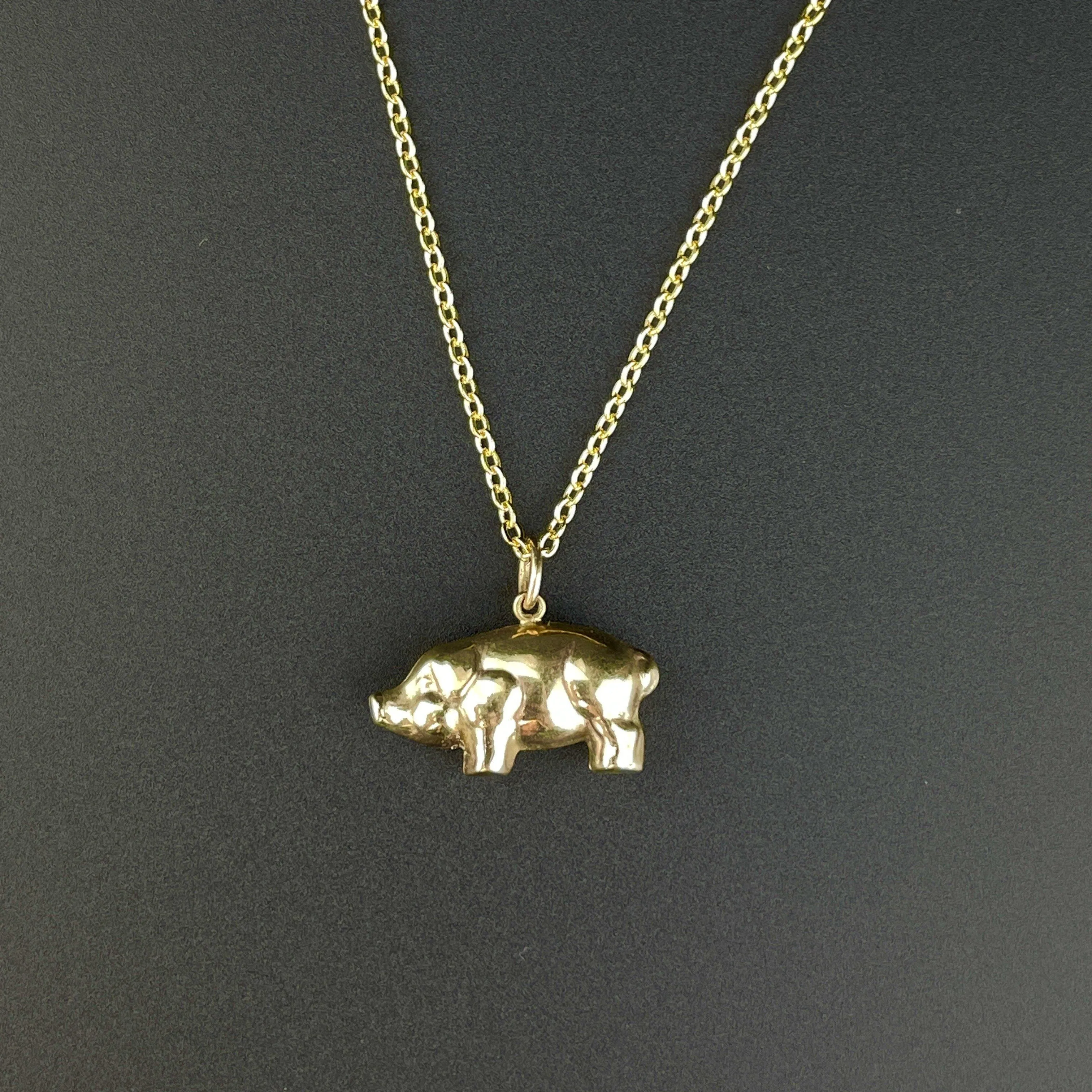 Vintage 9K Gold Puffy Pig Charm Pendant Necklace