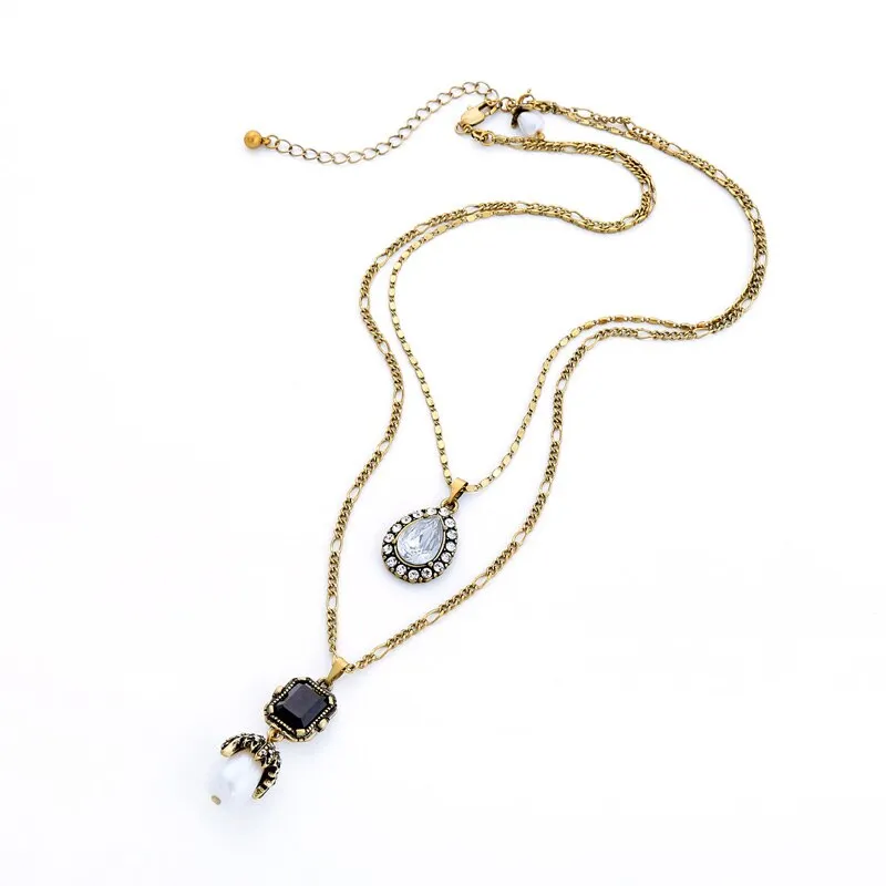 Vintage Black Geometric Pendant Pearl Layered Necklace Jewelry