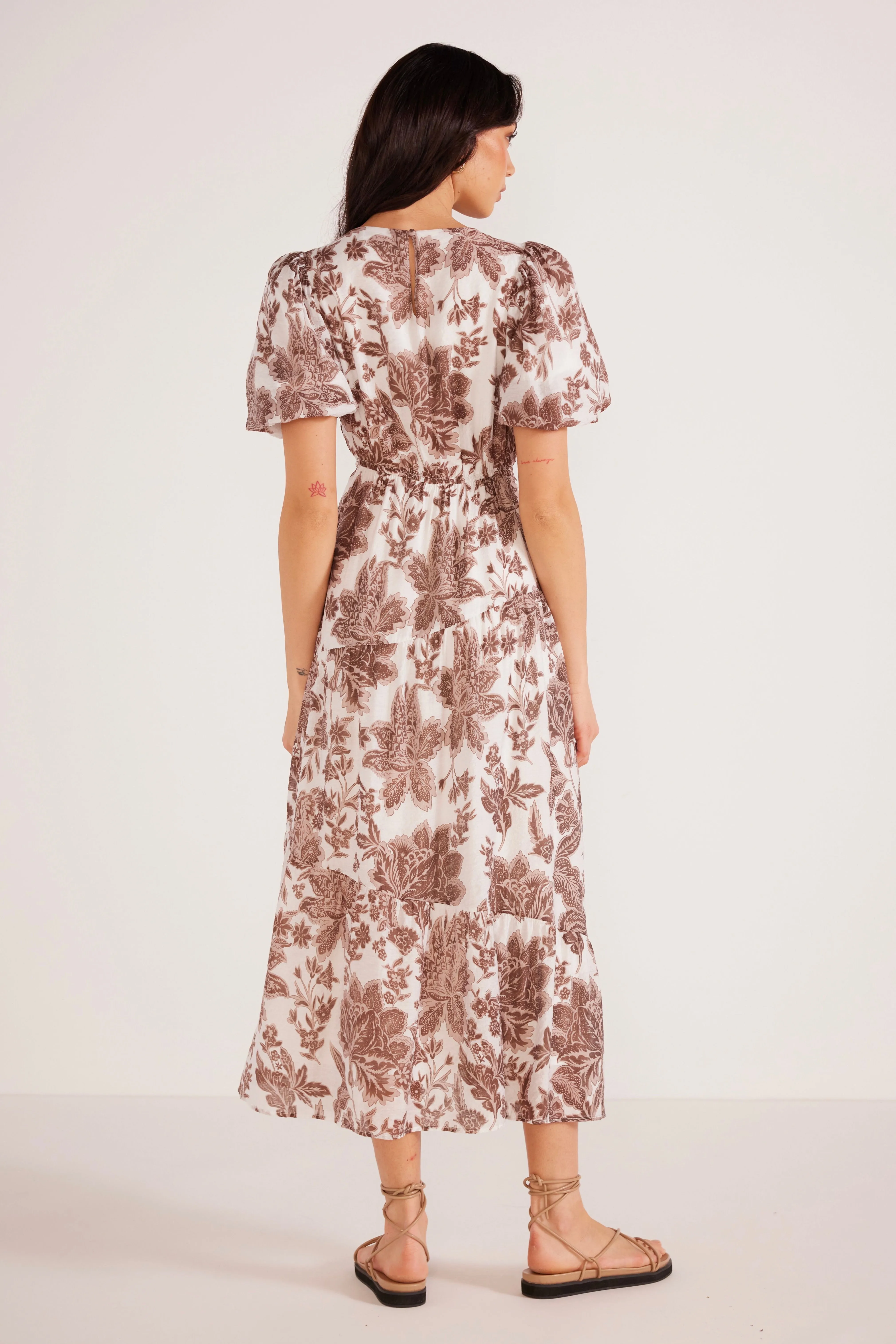 Vivian Brown Floral Puff Sleeve Midi Dress