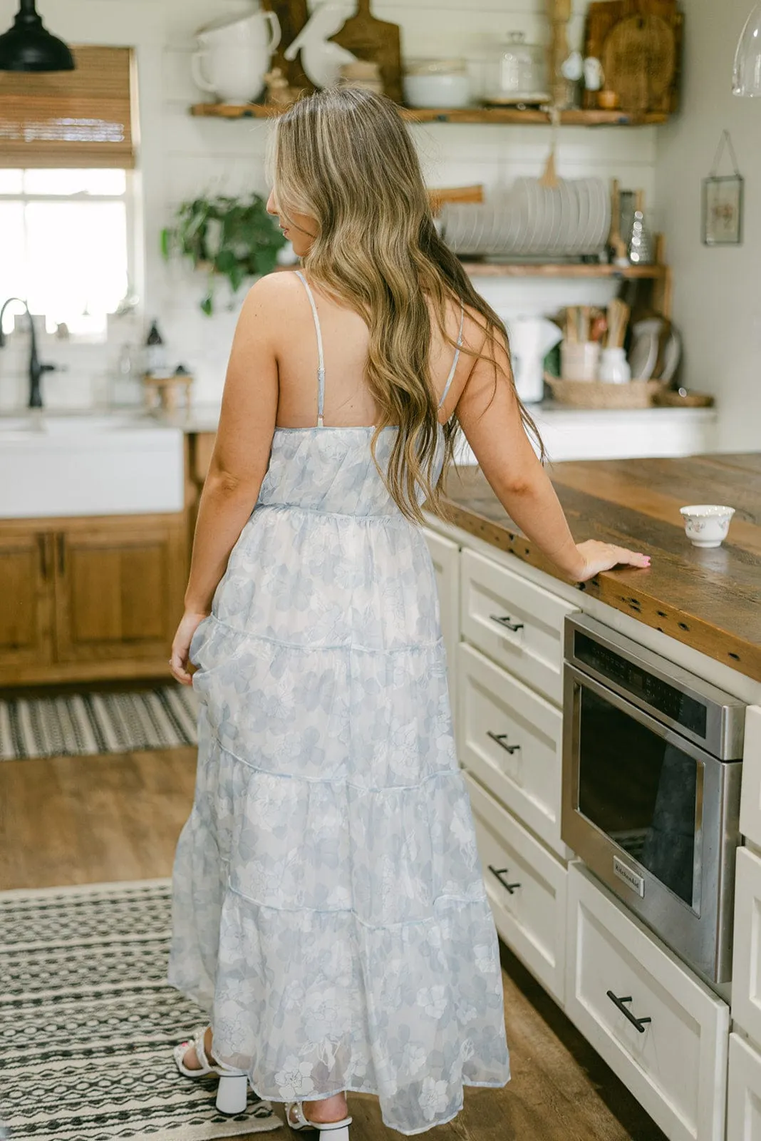 White & Blue Floral Tiered Maxi Dress