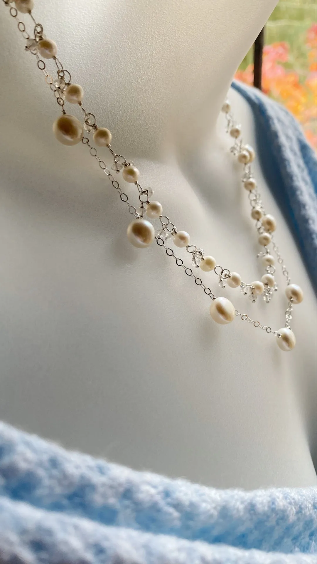 White pearl and moonstone link necklace