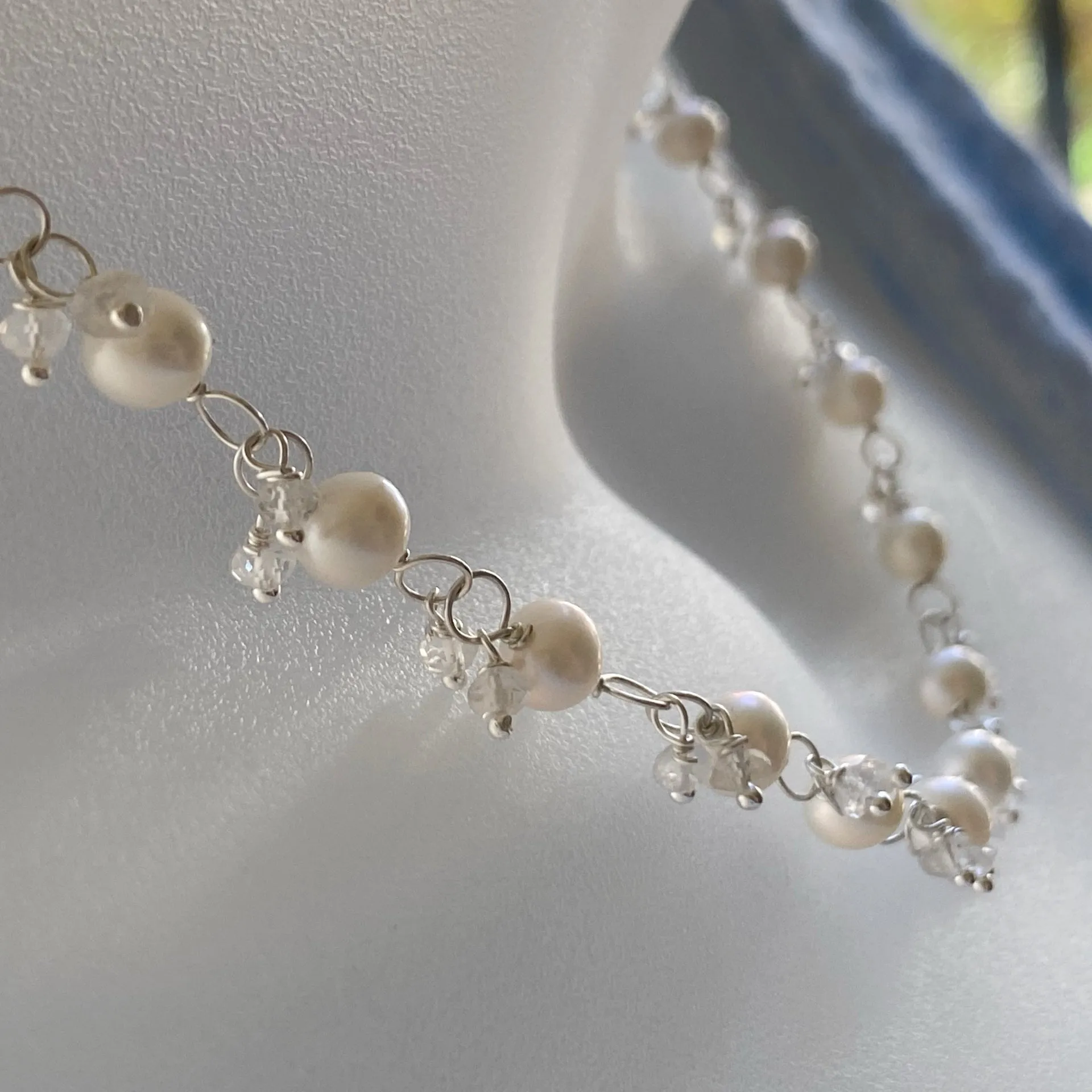 White pearl and moonstone link necklace