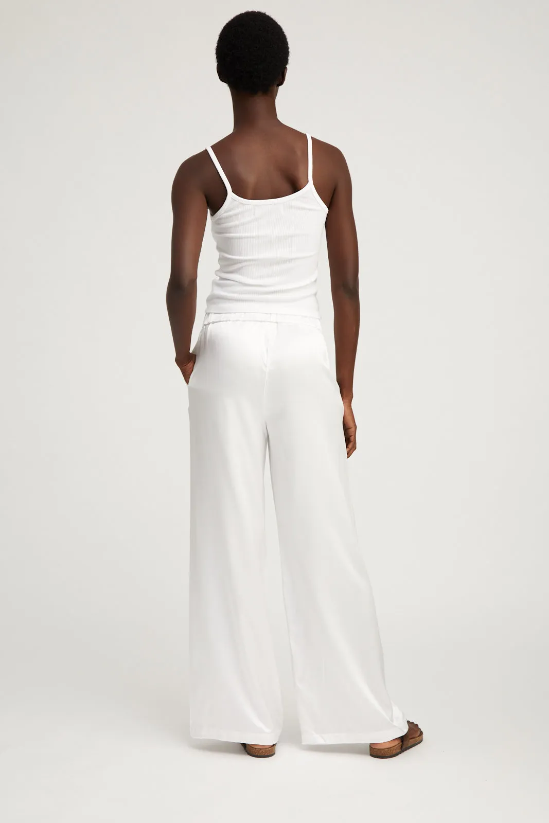 White Silk Wide Leg Pintuck Pants