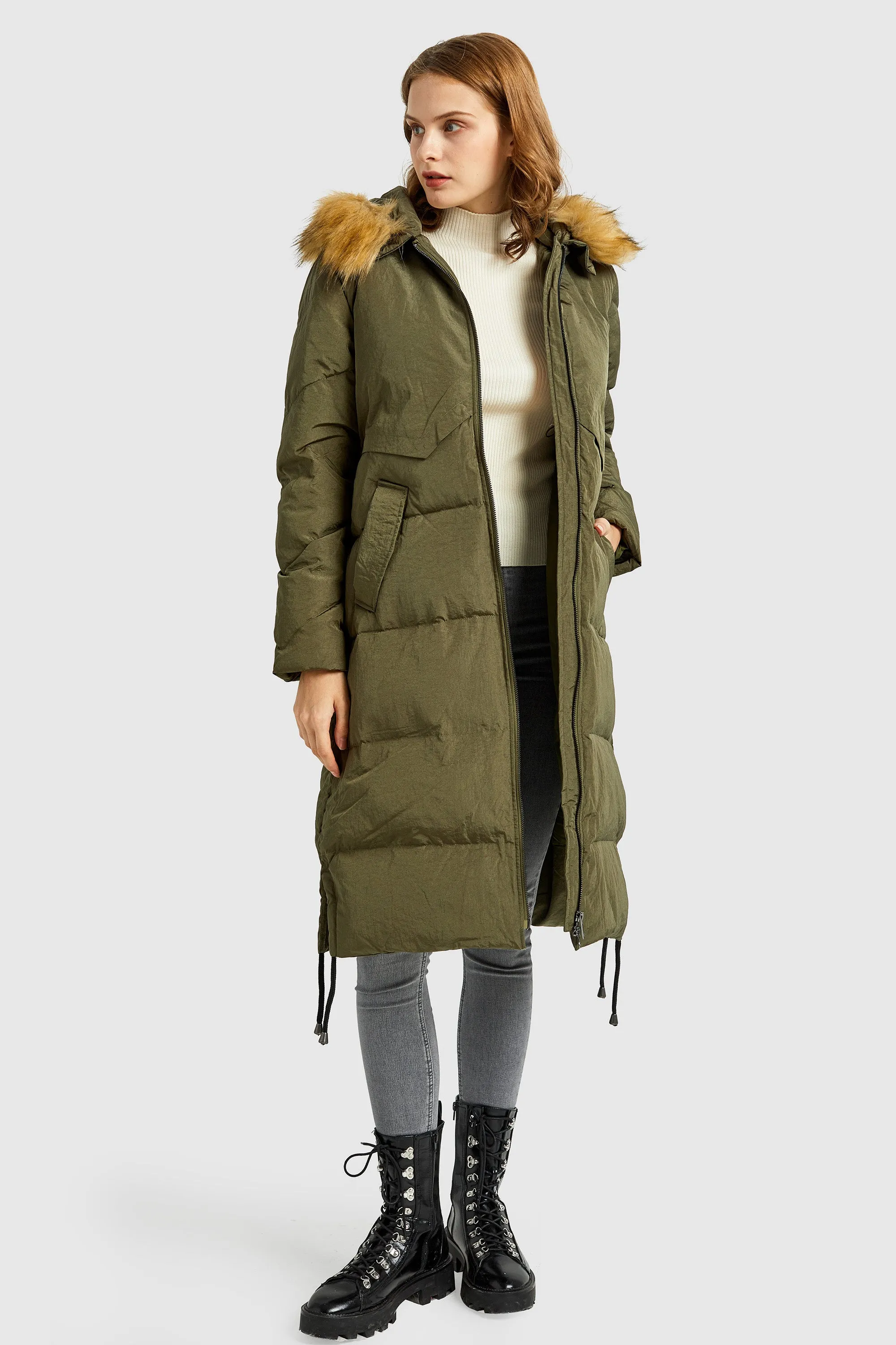 Winter Drawstring Down Coat Removable Faux Fur