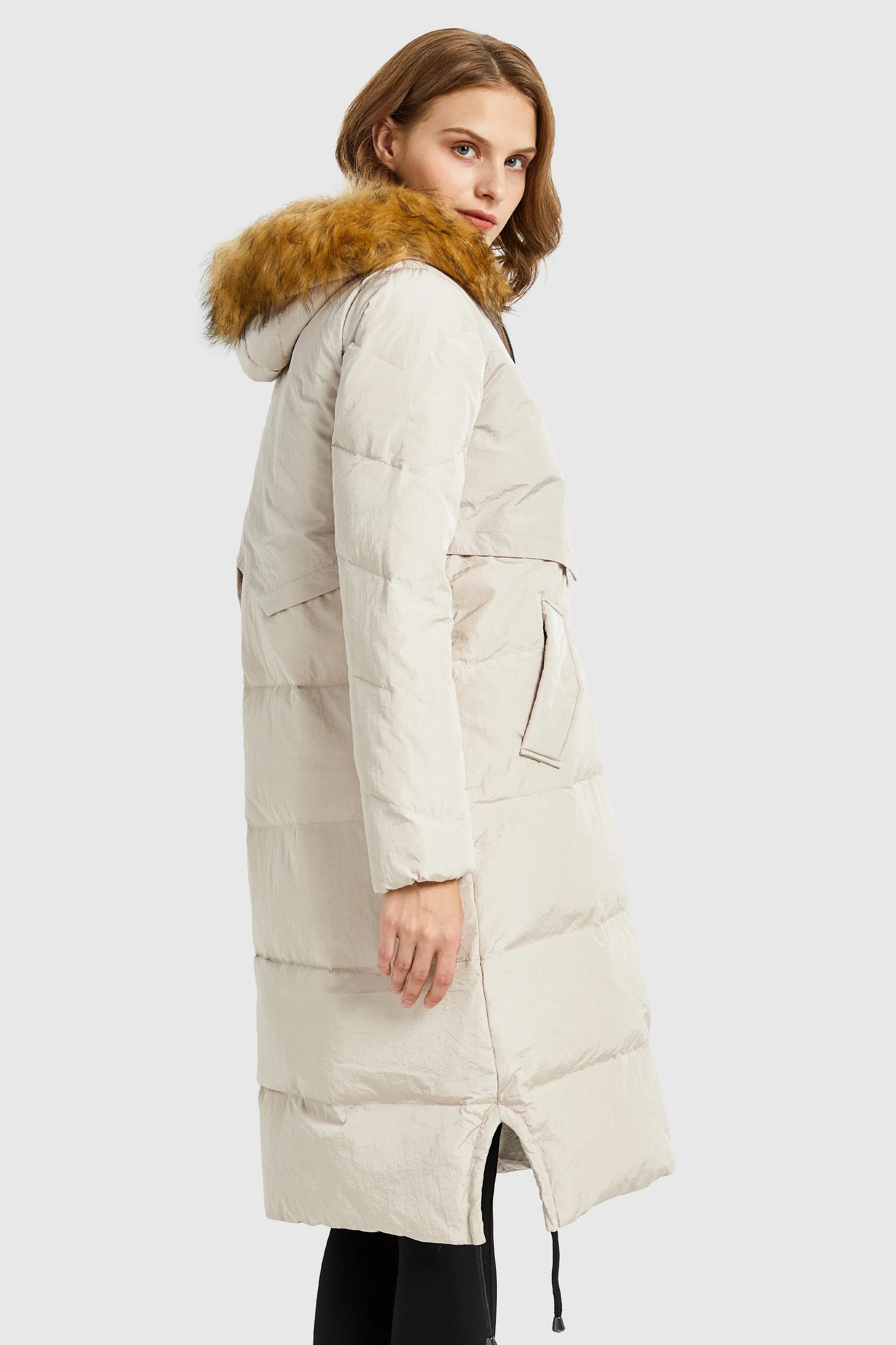 Winter Drawstring Down Coat Removable Faux Fur