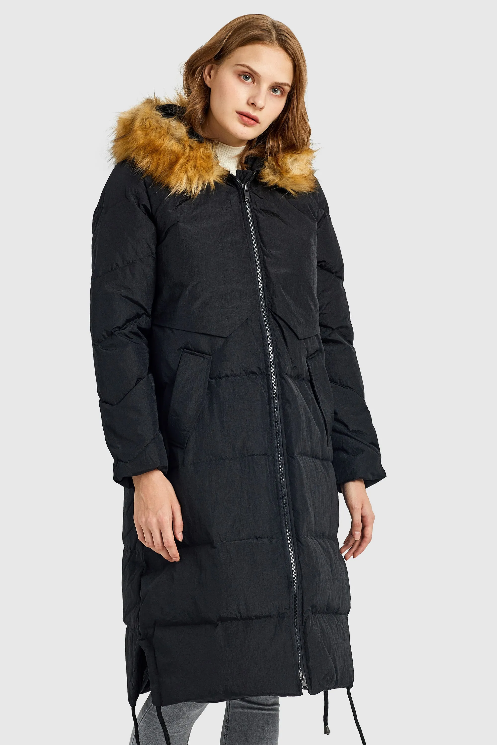 Winter Drawstring Down Coat Removable Faux Fur