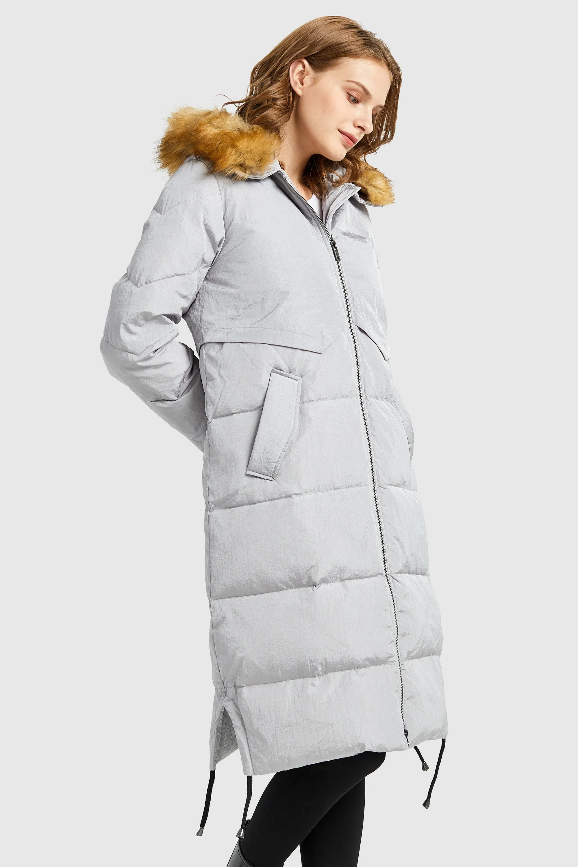 Winter Drawstring Down Coat Removable Faux Fur