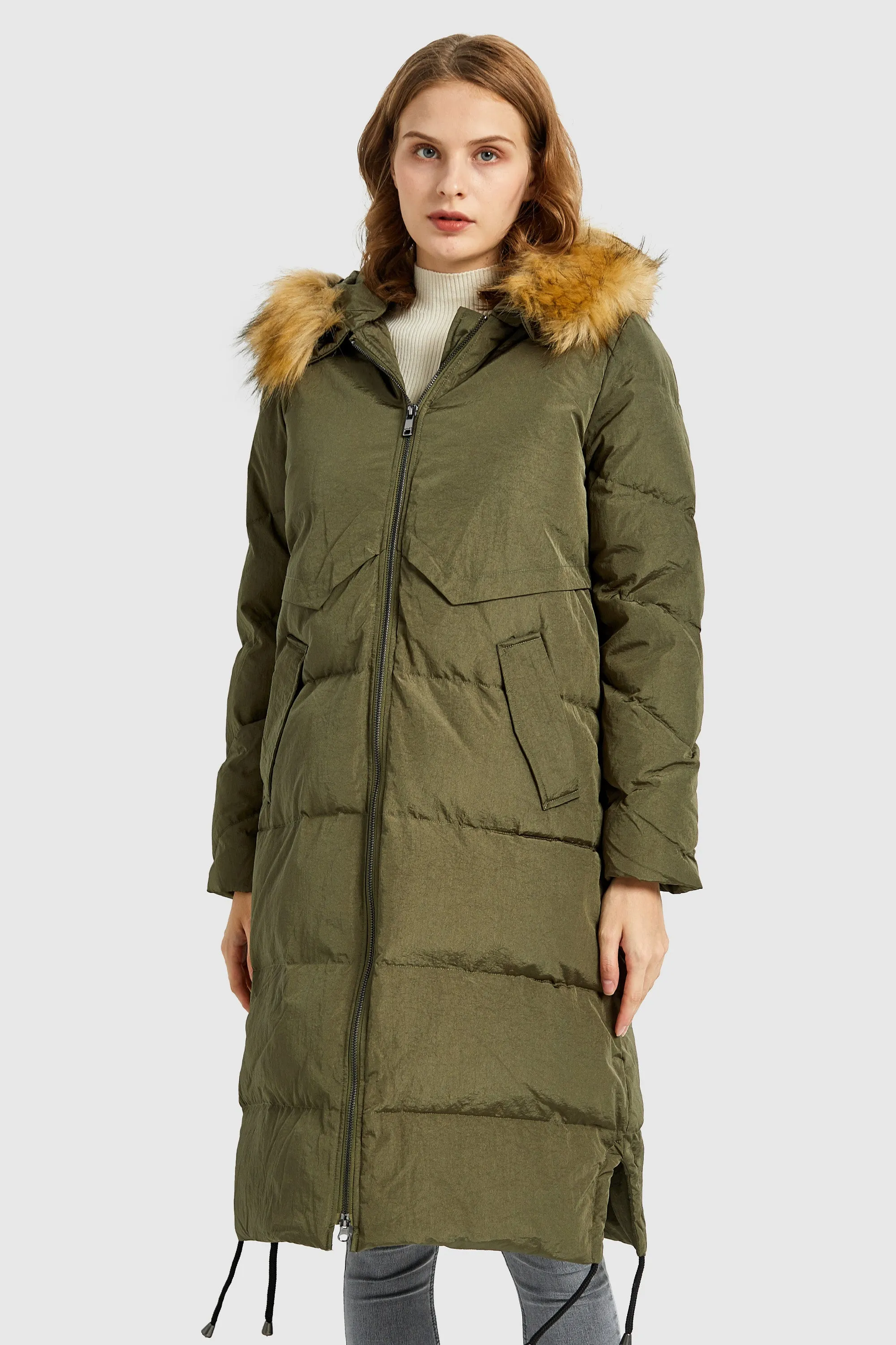 Winter Drawstring Down Coat Removable Faux Fur