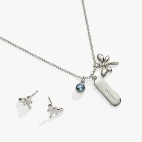 Wisdom Crystal and Dragonfly Charm Necklace and Earring Set