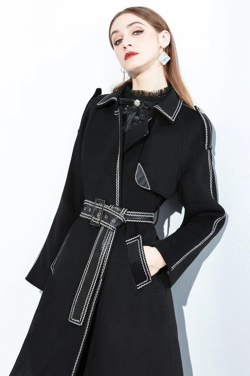 Women Black Long Wool Coat,Belted Leather Wool Overcoat