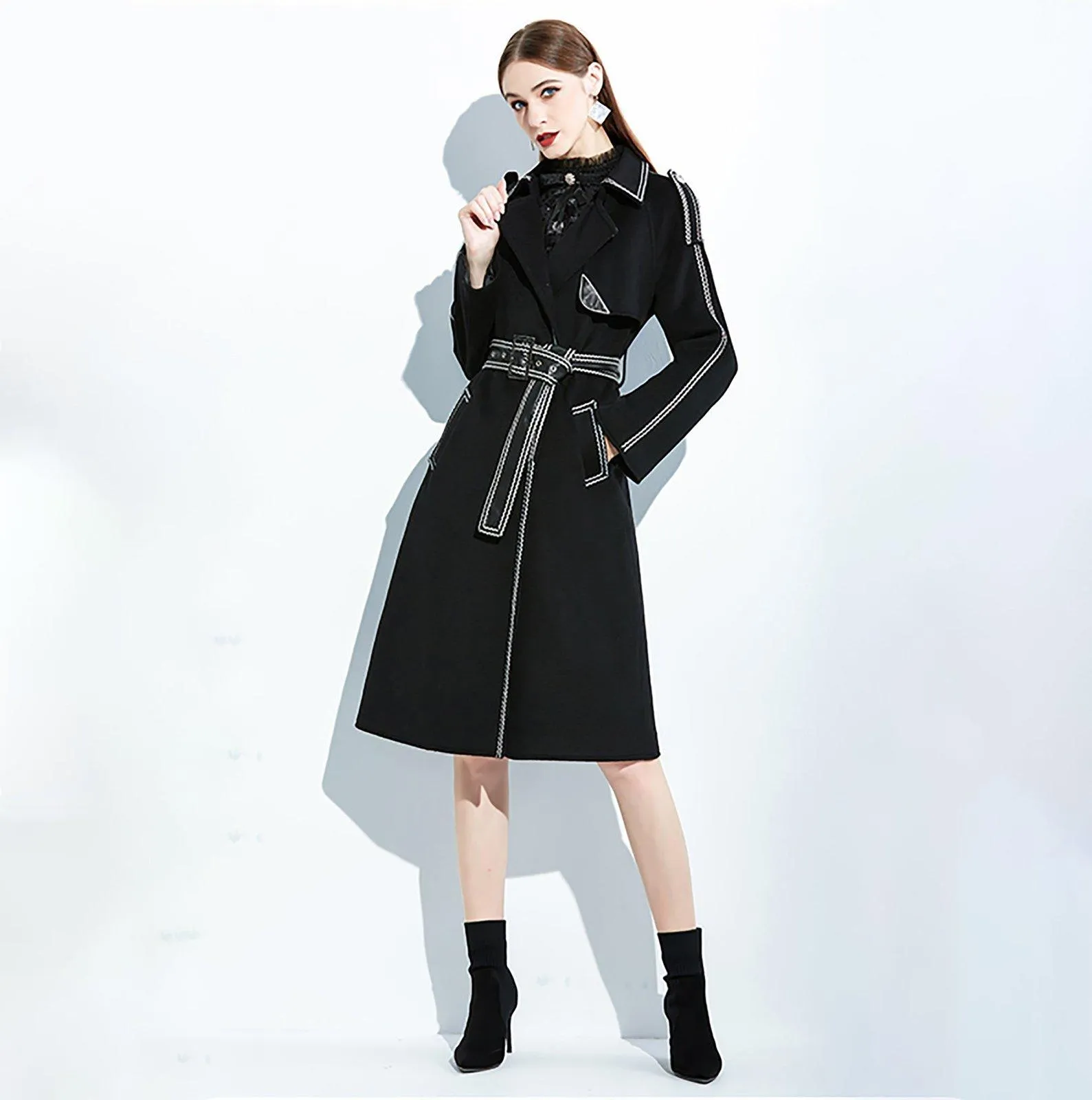 Women Black Long Wool Coat,Belted Leather Wool Overcoat