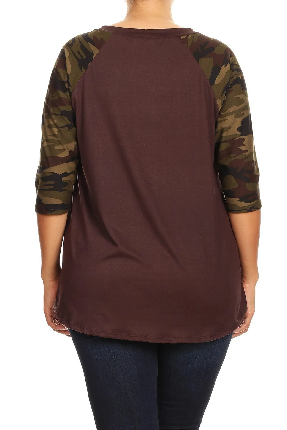 Womens Camouflage Top, 3/4 Sleeve Shirt, Sizes 1xl/2xl/3xl, Brown