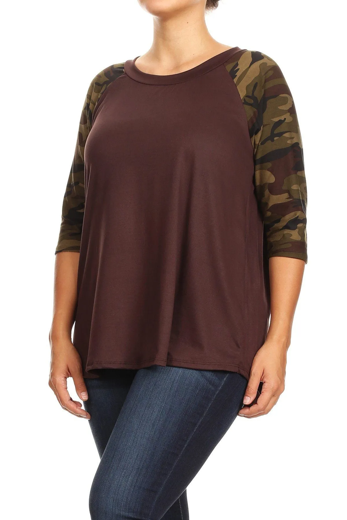 Womens Camouflage Top, 3/4 Sleeve Shirt, Sizes 1xl/2xl/3xl, Brown