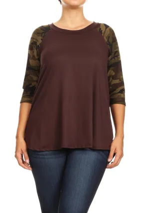 Womens Camouflage Top, 3/4 Sleeve Shirt, Sizes 1xl/2xl/3xl, Brown