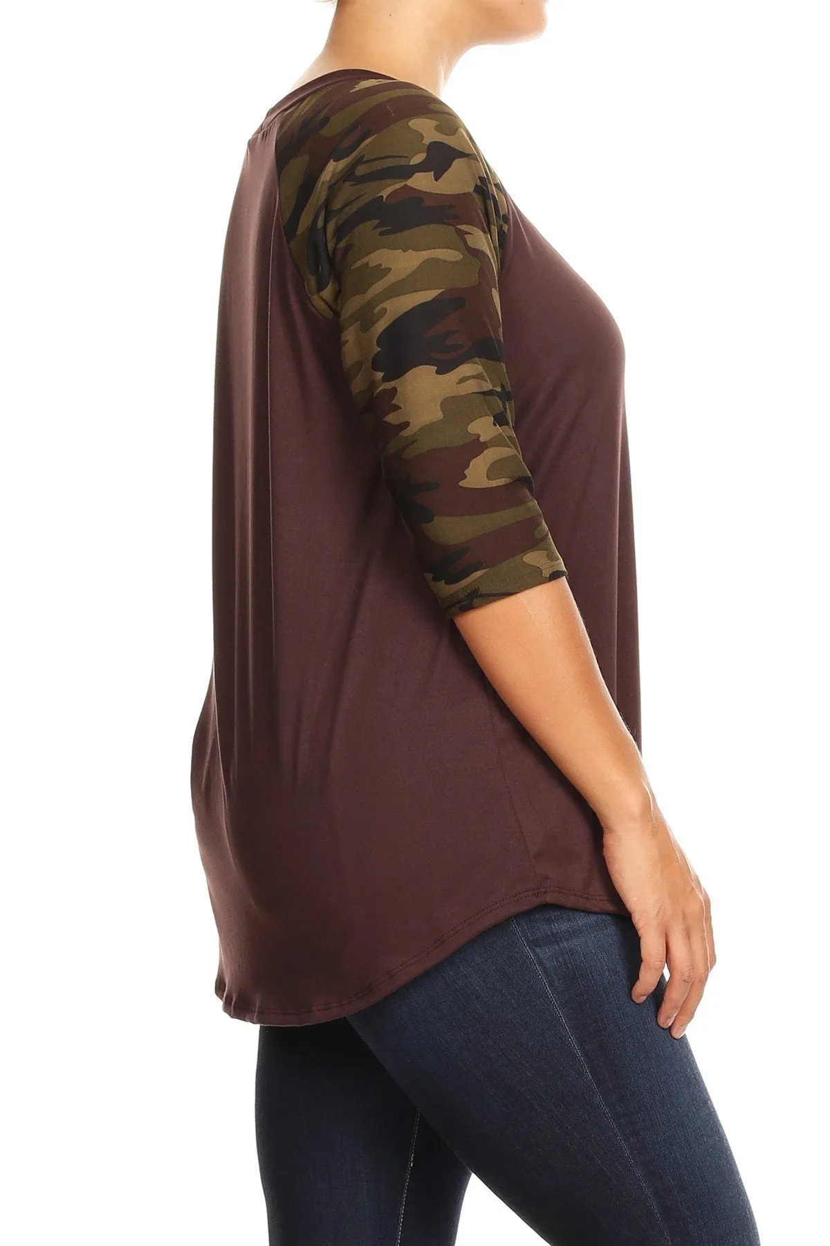 Womens Camouflage Top, 3/4 Sleeve Shirt, Sizes 1xl/2xl/3xl, Brown