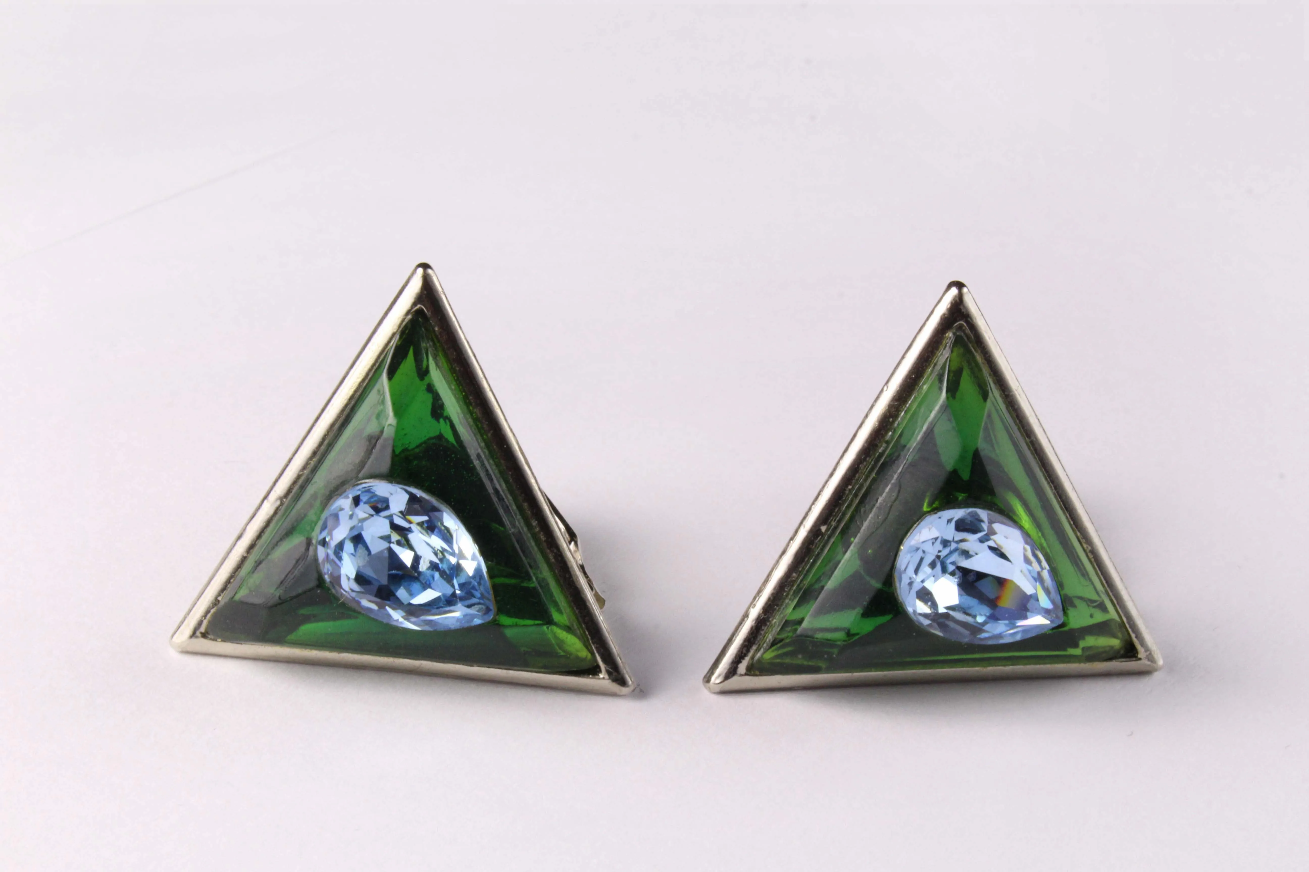 YVES SAINT LAURENT green and blue triangular earrings